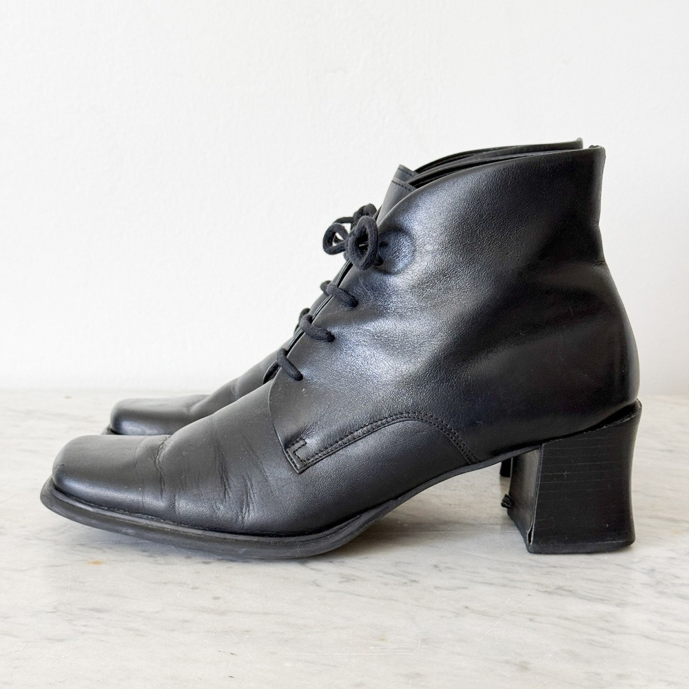 Pesaro Vintage Black Leather Square Toe Lace Up Block Heel Ankle Boots 7.5